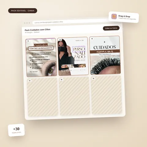 Prévia do pack com 30 posts editáveis no Canva para Lash Designers